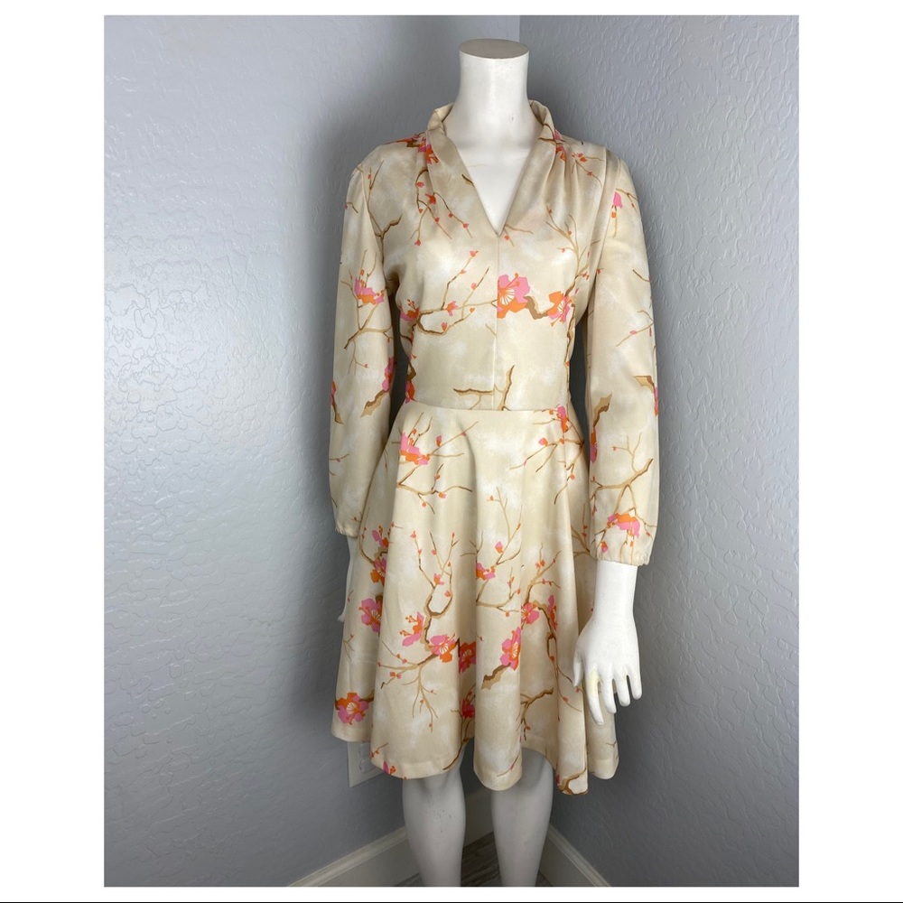 Vintage Light Tan Cherry Blossom V Neck Dress